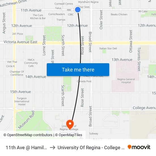 11th Ave @ Hamilton St (Eb) to University Of Regina - College Avenue Campus map