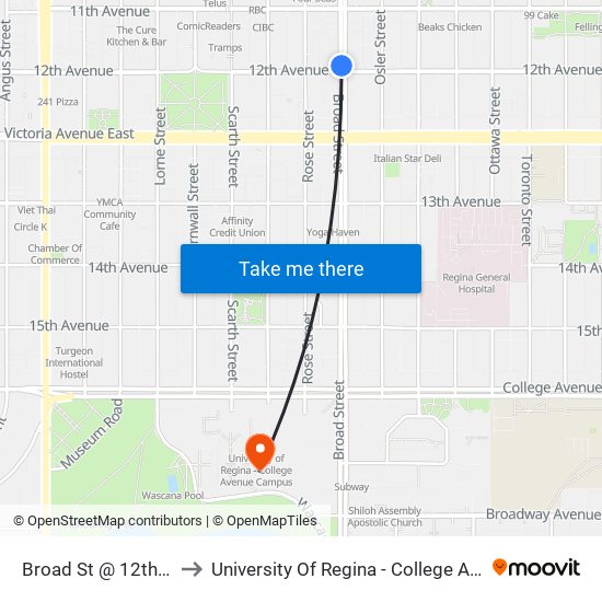 Broad St @ 12th Ave (Sb) to University Of Regina - College Avenue Campus map