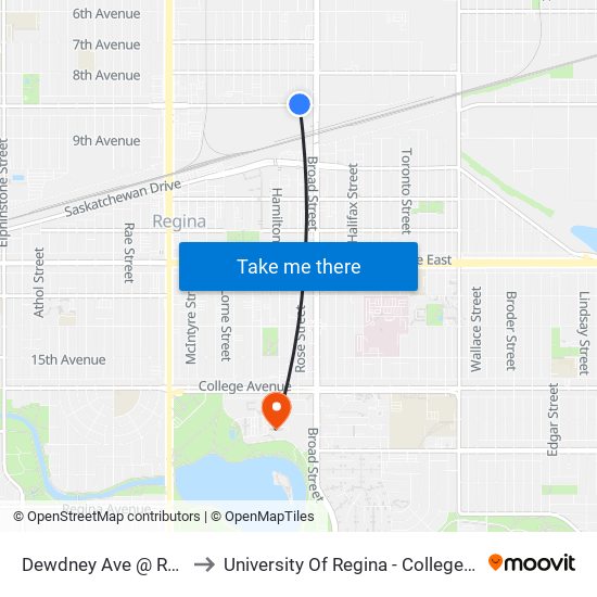 Dewdney Ave @ Rose St (Wb) to University Of Regina - College Avenue Campus map