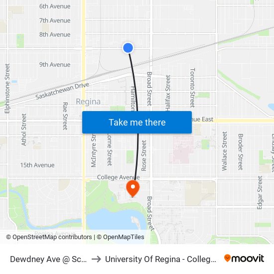 Dewdney Ave @ Scarth St (Wb) to University Of Regina - College Avenue Campus map