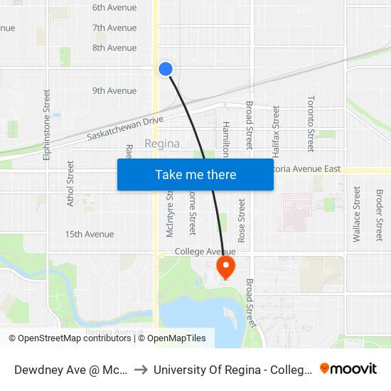 Dewdney Ave @ Mcintyre St (Eb) to University Of Regina - College Avenue Campus map