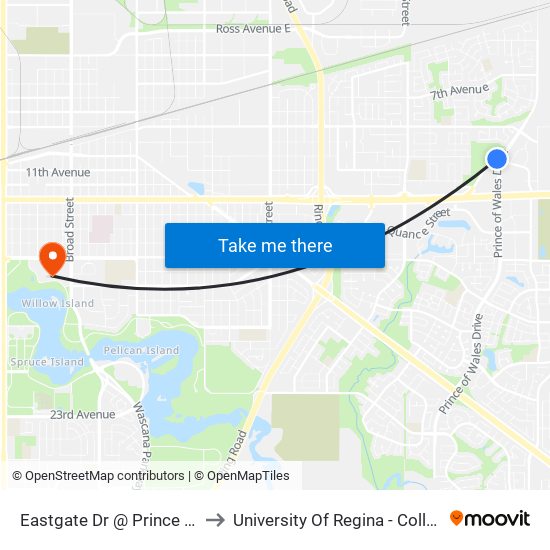 Eastgate Dr @ Prince Of Wales Dr (Wb) to University Of Regina - College Avenue Campus map