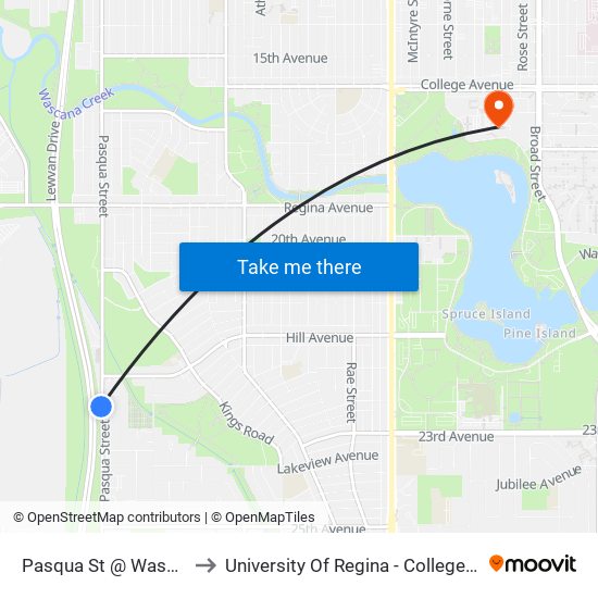Pasqua St @ Wascana St (Sb) to University Of Regina - College Avenue Campus map