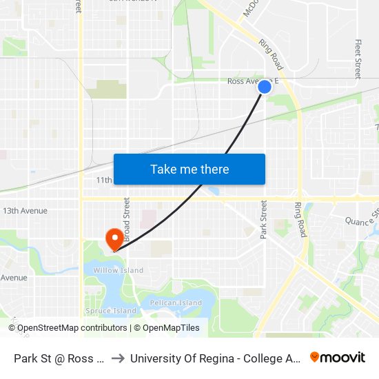 Park St @ Ross Ave (Sb) to University Of Regina - College Avenue Campus map