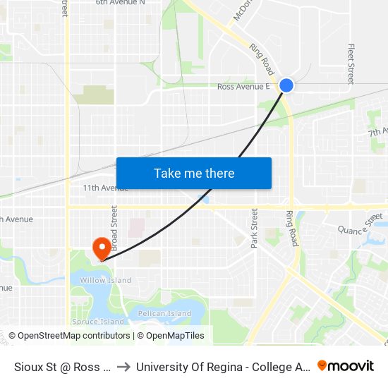 Sioux St @ Ross Ave (Nb) to University Of Regina - College Avenue Campus map