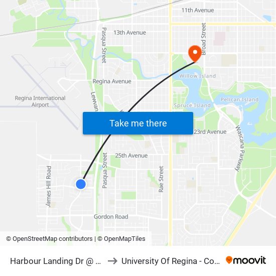 Harbour Landing Dr @ Jim Cairns Blvd (Nb) to University Of Regina - College Avenue Campus map