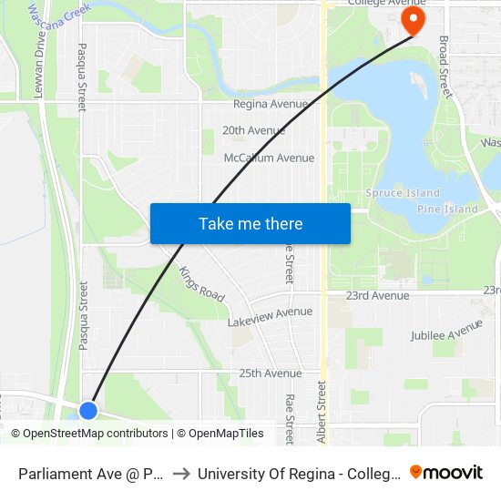 Parliament Ave @ Pasqua St (Eb) to University Of Regina - College Avenue Campus map