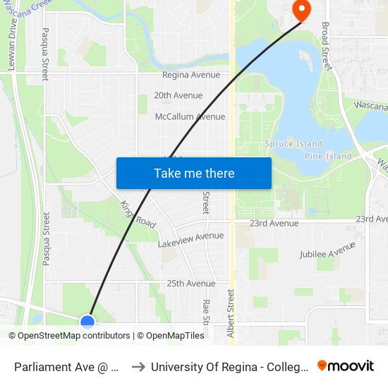 Parliament Ave @ Queen St (Eb) to University Of Regina - College Avenue Campus map