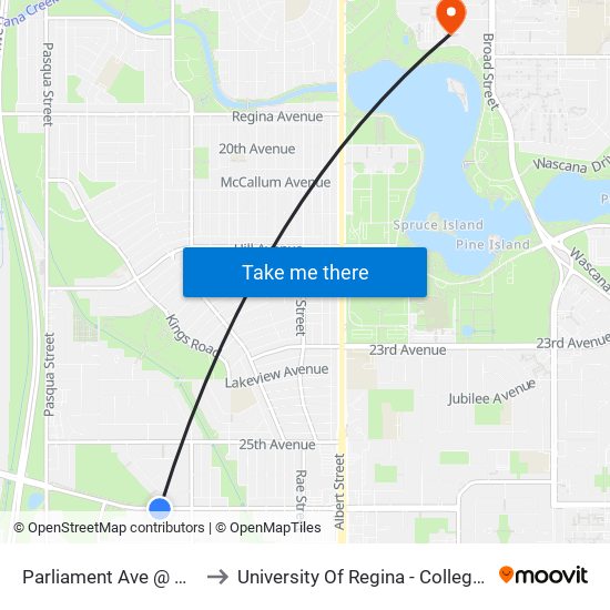 Parliament Ave @ Argyle St (Eb) to University Of Regina - College Avenue Campus map