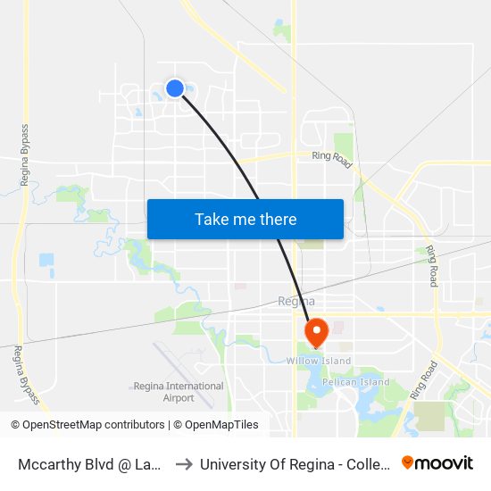 Mccarthy Blvd @ Lakeridge Rd (Nb) to University Of Regina - College Avenue Campus map