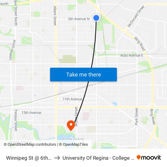 Winnipeg St @ 6th Ave N (Sb) to University Of Regina - College Avenue Campus map