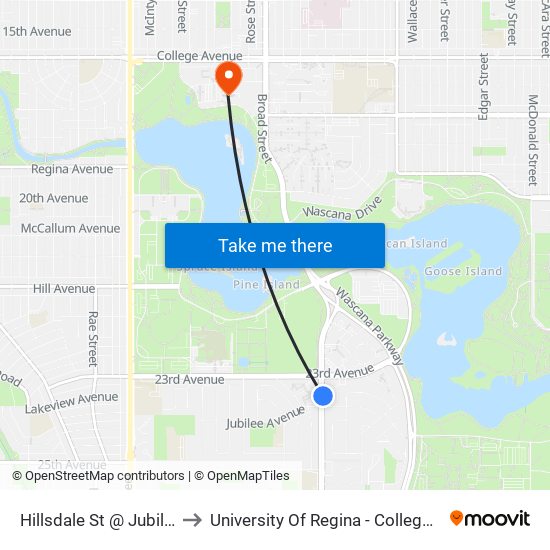 Hillsdale St @ Jubilee Ave (Nb) to University Of Regina - College Avenue Campus map