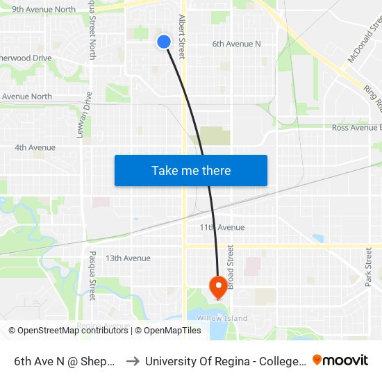 6th Ave N @ Shepherd St (Wb) to University Of Regina - College Avenue Campus map