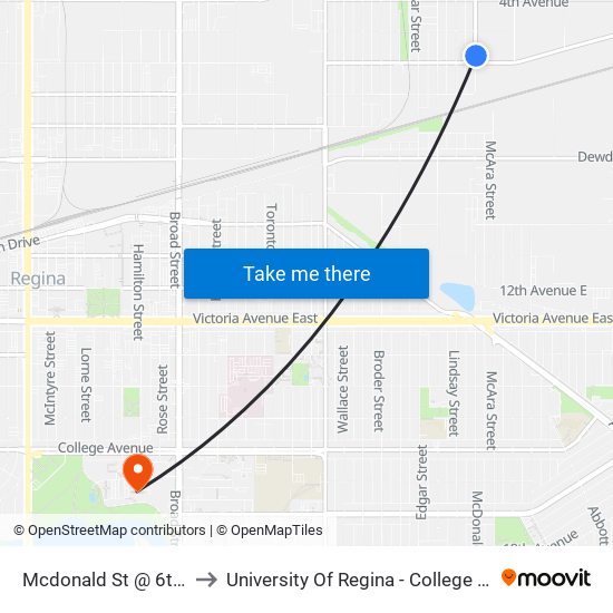 Mcdonald St @ 6th Ave (Nb) to University Of Regina - College Avenue Campus map
