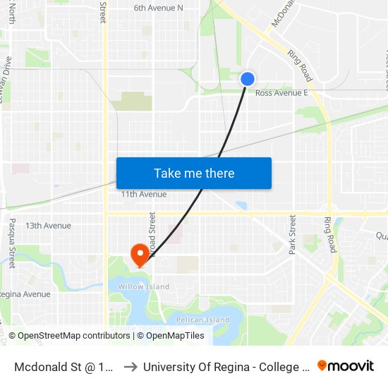 Mcdonald St @ 1st Ave (Nb) to University Of Regina - College Avenue Campus map