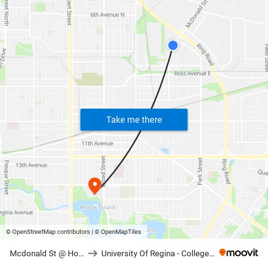 Mcdonald St @ Hoffer Dr (Nb) to University Of Regina - College Avenue Campus map