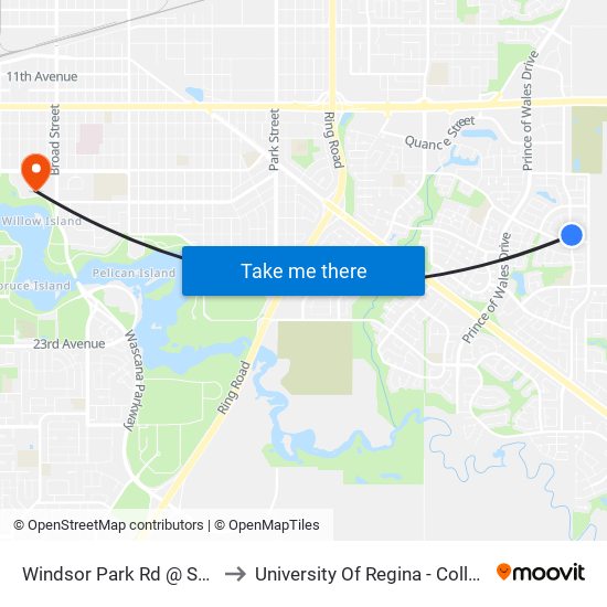 Windsor Park Rd @ Sunninghill Cr (Nb) to University Of Regina - College Avenue Campus map