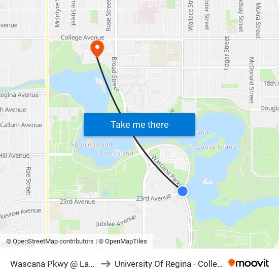 Wascana Pkwy @ Lakeshore Dr (Nb) to University Of Regina - College Avenue Campus map