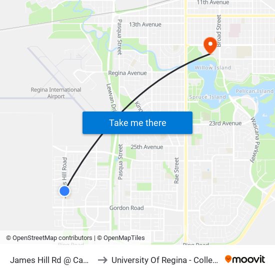 James Hill Rd @ Campling Ave (Sb) to University Of Regina - College Avenue Campus map