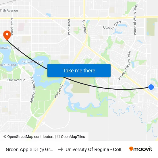 Green Apple Dr @ Green Bank Rd (Eb) to University Of Regina - College Avenue Campus map