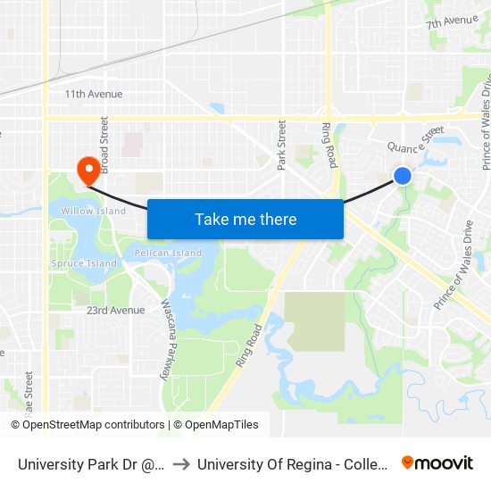 University Park Dr @ Arens Rd (Sb) to University Of Regina - College Avenue Campus map