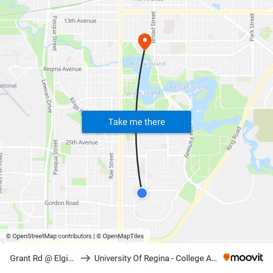 Grant Rd @ Elgin Rd (Sb) to University Of Regina - College Avenue Campus map