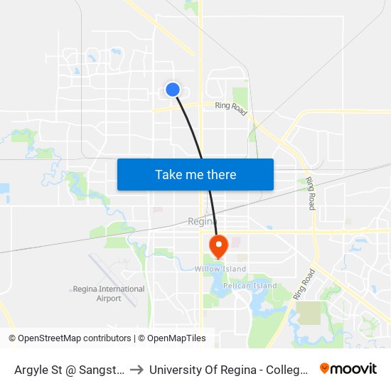 Argyle St @ Sangster Blvd (Sb) to University Of Regina - College Avenue Campus map