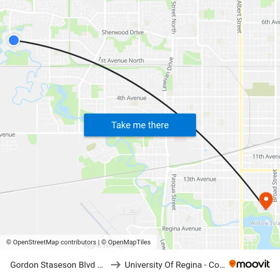 Gordon Staseson Blvd @ Prairie View Dr (Eb) to University Of Regina - College Avenue Campus map