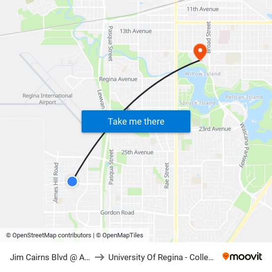 Jim Cairns Blvd @ Aviator Cr (Wb) to University Of Regina - College Avenue Campus map