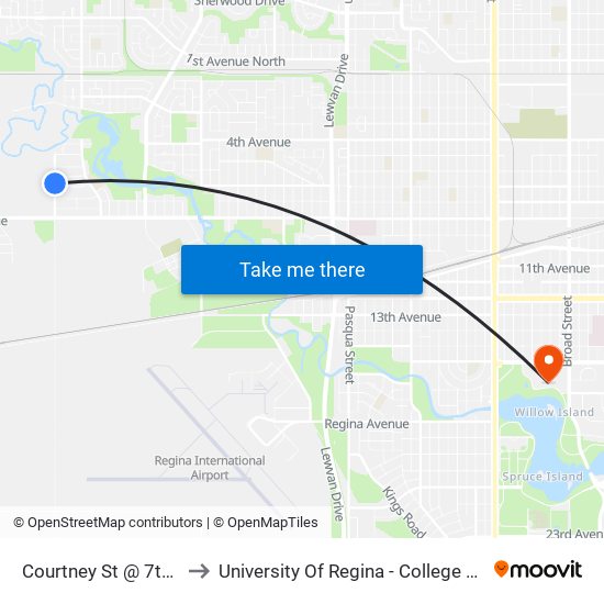 Courtney St @ 7th Ave (Nb) to University Of Regina - College Avenue Campus map