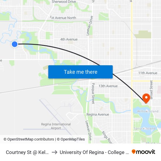 Courtney St @ Kelly Ave (Nb) to University Of Regina - College Avenue Campus map