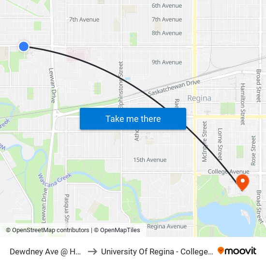 Dewdney Ave @ Hewitt Pl (Eb) to University Of Regina - College Avenue Campus map