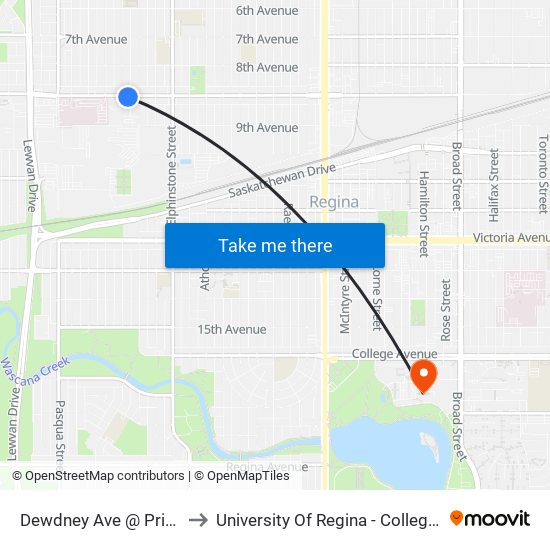 Dewdney Ave @ Princess St (Eb) to University Of Regina - College Avenue Campus map