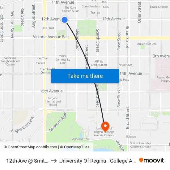 12th Ave @ Smith St (Eb) to University Of Regina - College Avenue Campus map