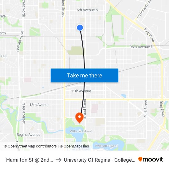 Hamilton St @ 2nd Ave N (Nb) to University Of Regina - College Avenue Campus map