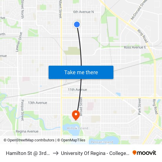 Hamilton St @ 3rd Ave N (Nb) to University Of Regina - College Avenue Campus map