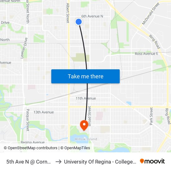 5th Ave N @ Cornwall St (Wb) to University Of Regina - College Avenue Campus map
