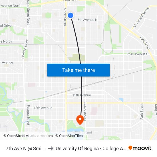 7th Ave N @ Smith St (Eb) to University Of Regina - College Avenue Campus map