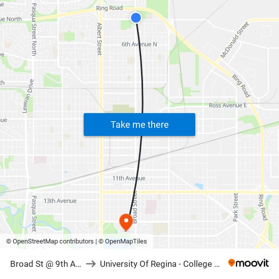 Broad St @ 9th Ave N (Nb) to University Of Regina - College Avenue Campus map