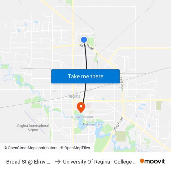 Broad St @ Elmview Rd (Nb) to University Of Regina - College Avenue Campus map