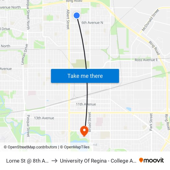 Lorne St @ 8th Ave N (Sb) to University Of Regina - College Avenue Campus map