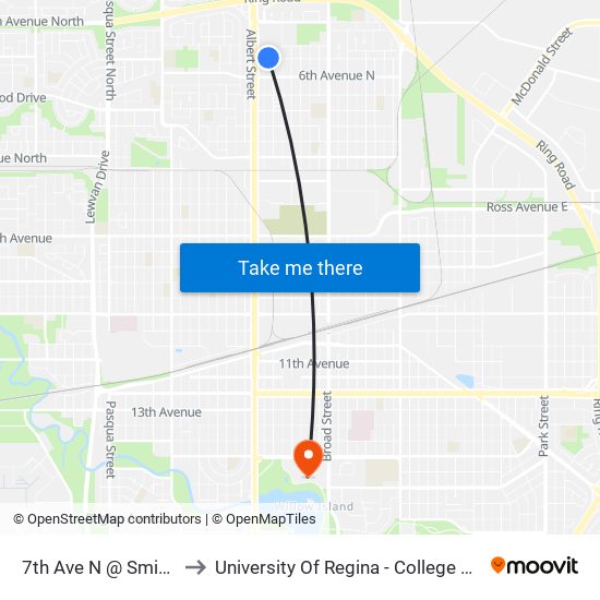 7th Ave N @ Smith St (Wb) to University Of Regina - College Avenue Campus map