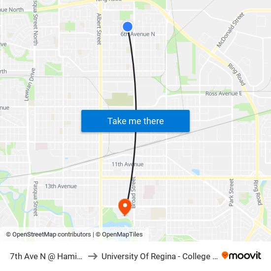 7th Ave N @ Hamilton St (Eb) to University Of Regina - College Avenue Campus map