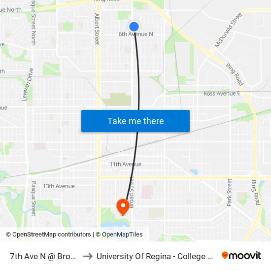 7th Ave N @ Broad St (Eb) to University Of Regina - College Avenue Campus map