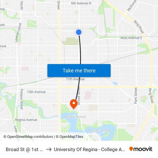 Broad St @ 1st Ave (Sb) to University Of Regina - College Avenue Campus map