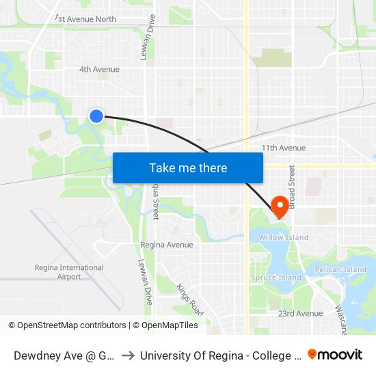 Dewdney Ave @ Grey St (Wb) to University Of Regina - College Avenue Campus map