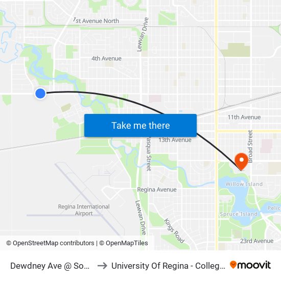 Dewdney Ave @ Southam St (Wb) to University Of Regina - College Avenue Campus map