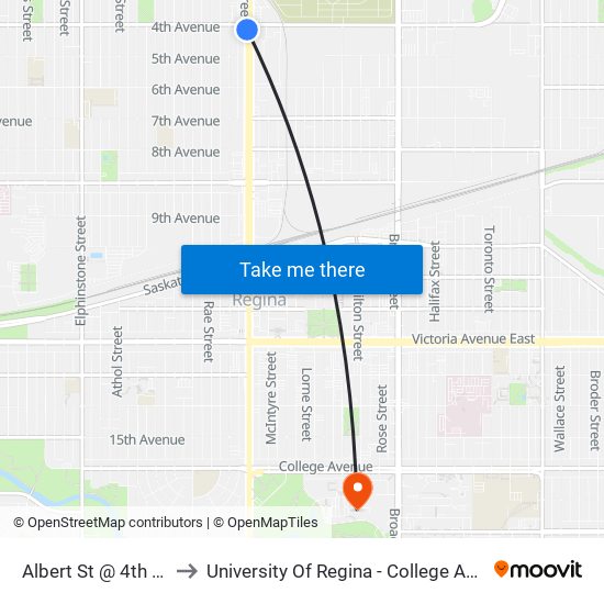 Albert St @ 4th Ave (Sb) to University Of Regina - College Avenue Campus map
