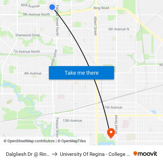 Dalgliesh Dr @ Rink Ave (Sb) to University Of Regina - College Avenue Campus map