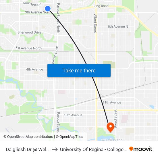 Dalgliesh Dr @ Wells St S (Wb) to University Of Regina - College Avenue Campus map